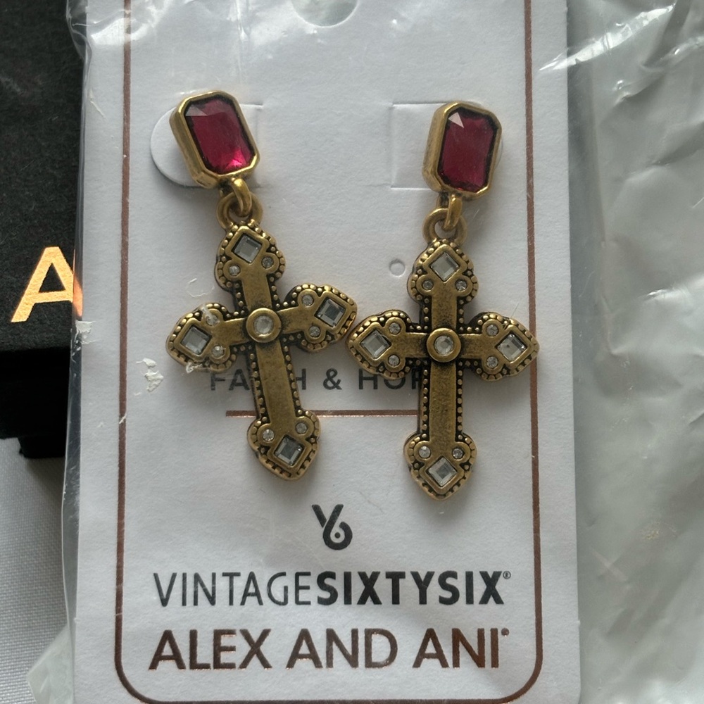 Alex and Ani Gold Cross Earrings with Ruby Accent